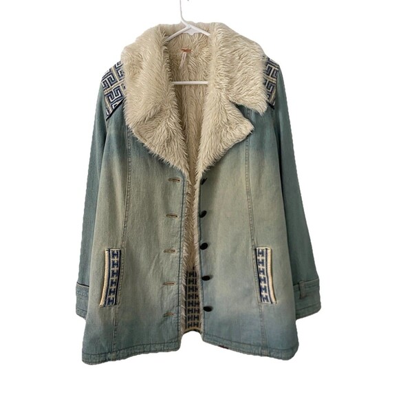 Free People Light Blue Jean Jacket with White Fur Collar - Picture 3 of 11